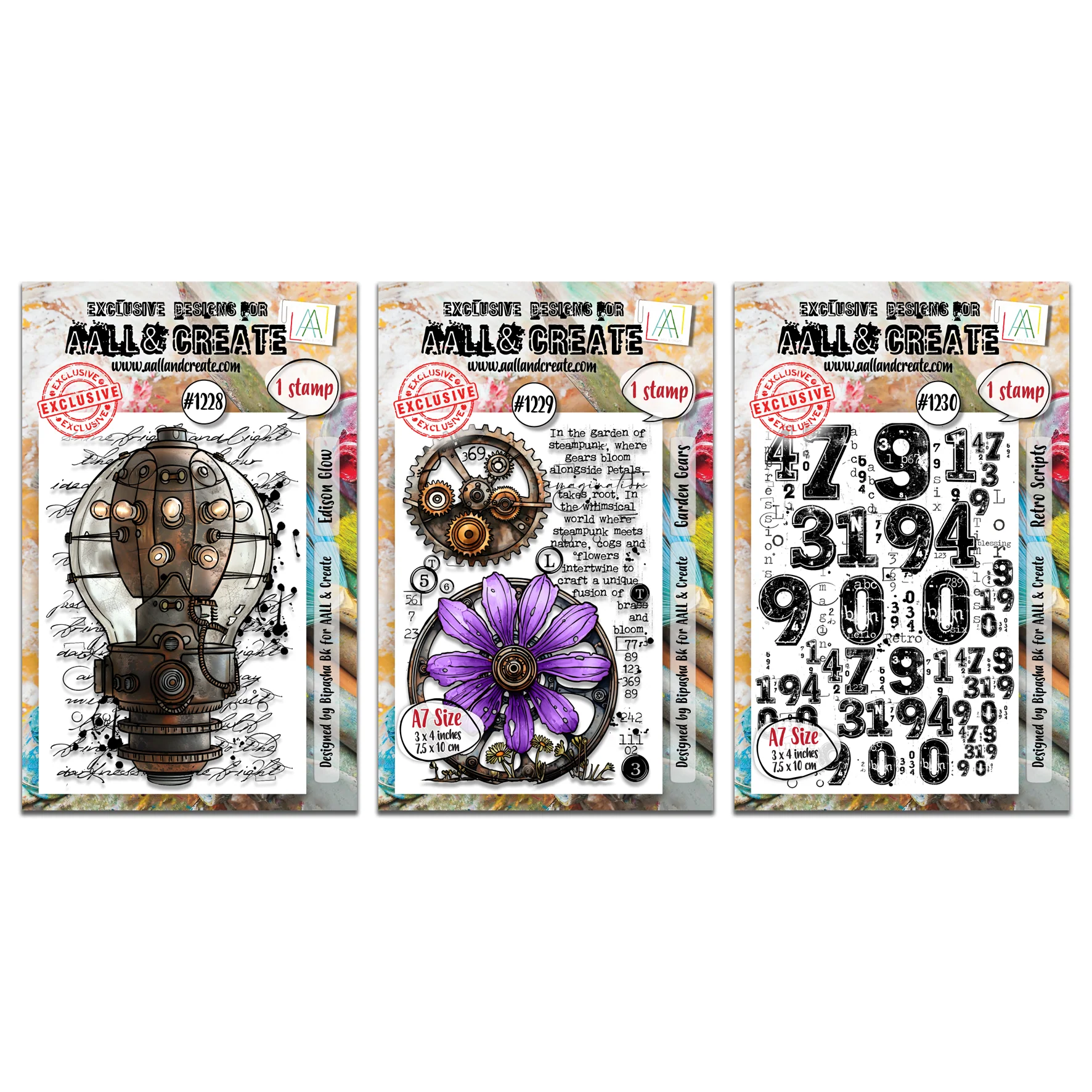 3 x A7 Stamps - Edison Glow, Garden Gears & Retro Scripts