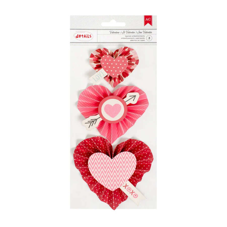 American Crafts Valentines Heart Rosettes 3pcs Self-Adhesive