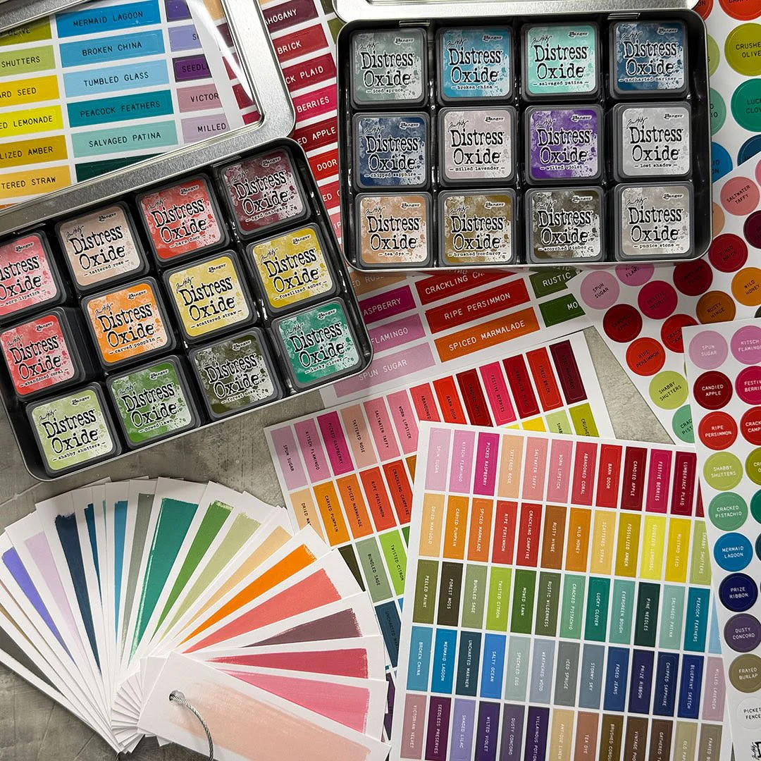 Ranger Tim Holtz Distress® Mini Oxide Ink Pads - Kits 13-18 with 2 Storage Tins & 3 Brushes + Free Mini Ink Pad Labels - Image 2
