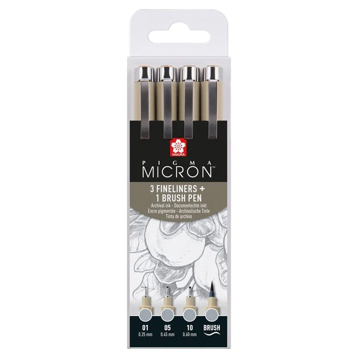 Sakura Pigma Micron 3 Fineliners +1 Brush Pen Set Light Cool Gray 4Pcs