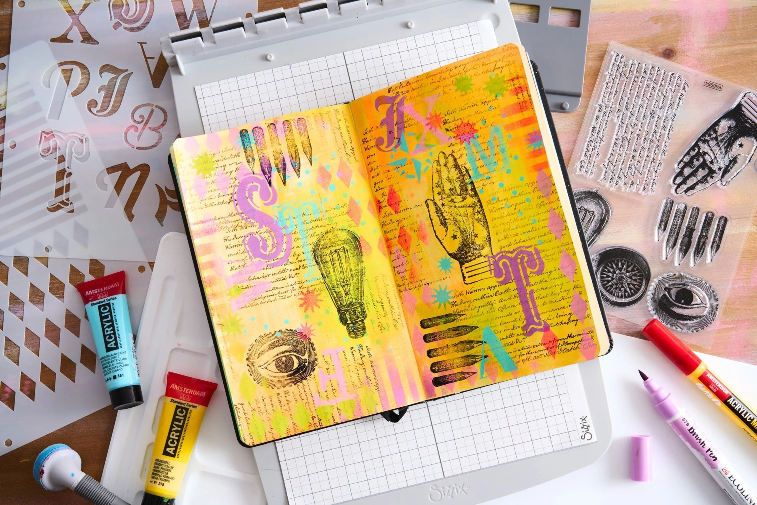 Sizzix Studio A5 Clear Stamps w/ A5 Stencils by Mark Montano Bundle - Image 3