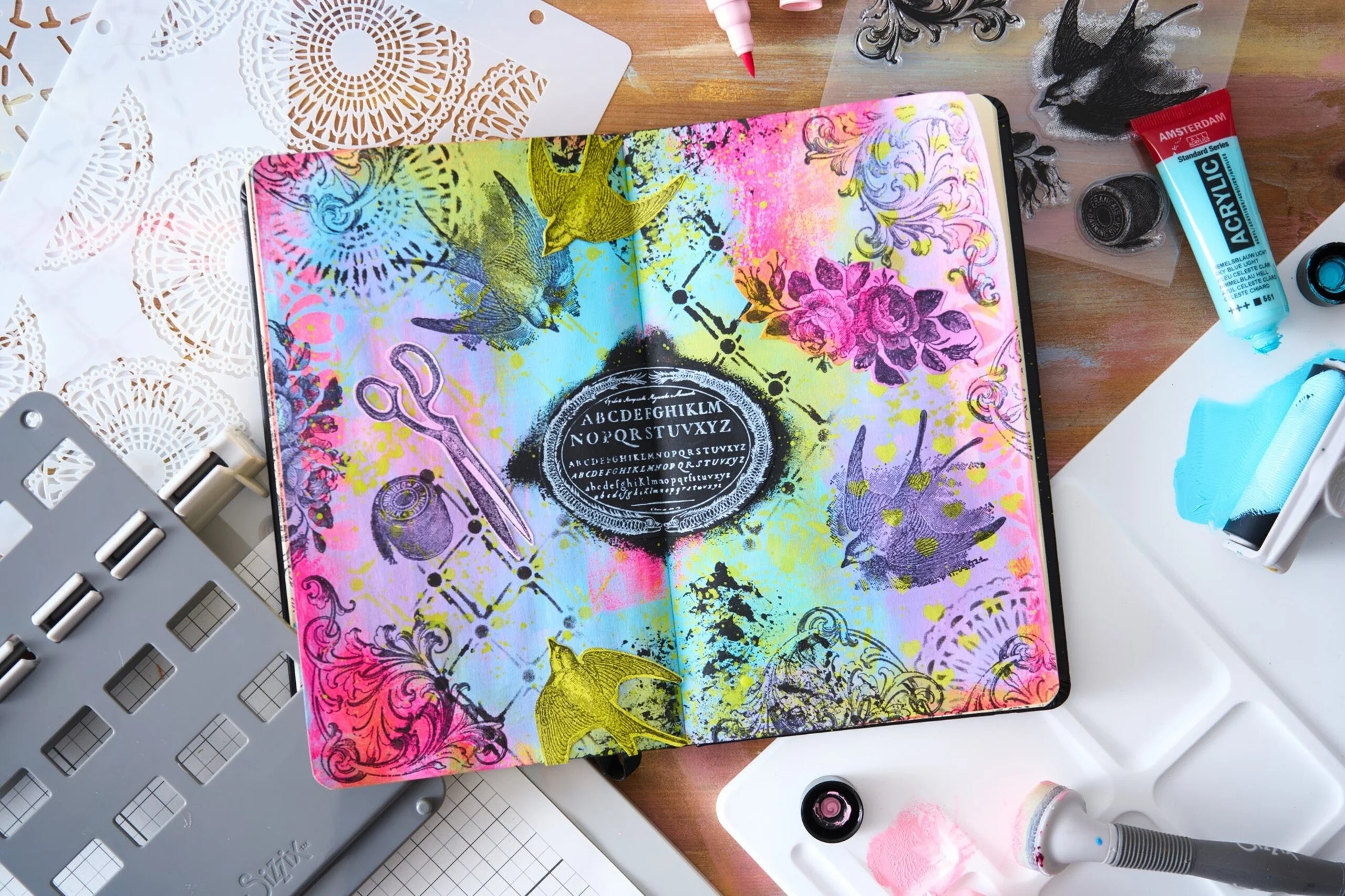 Sizzix Studio A5 Clear Stamps w/ A5 Stencils by Mark Montano Stitches (3pcs) - Image 2