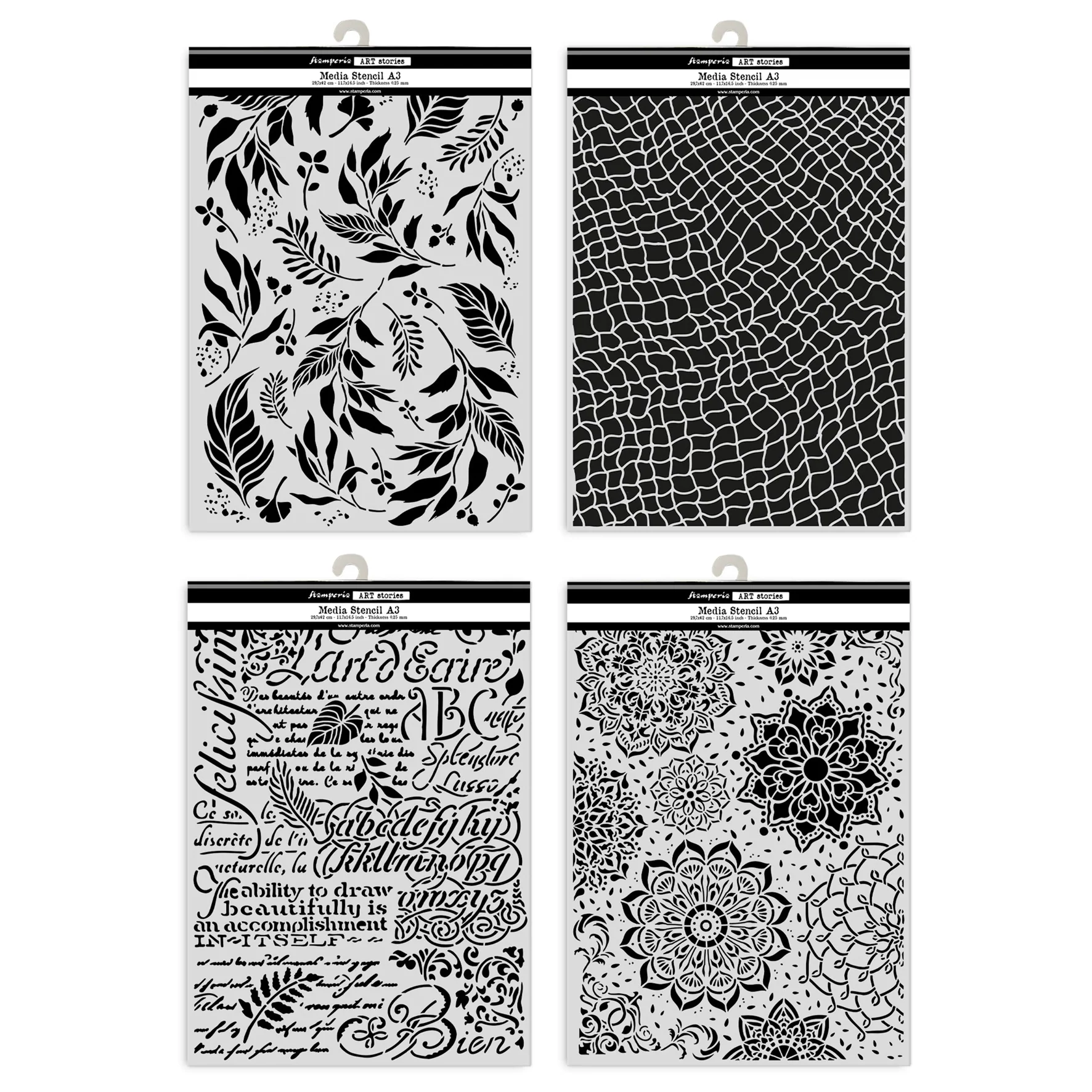 Stamperia Art Stories A3 Big Stencil Bundle - Leaves, Mandala, Writings & Fishing Net