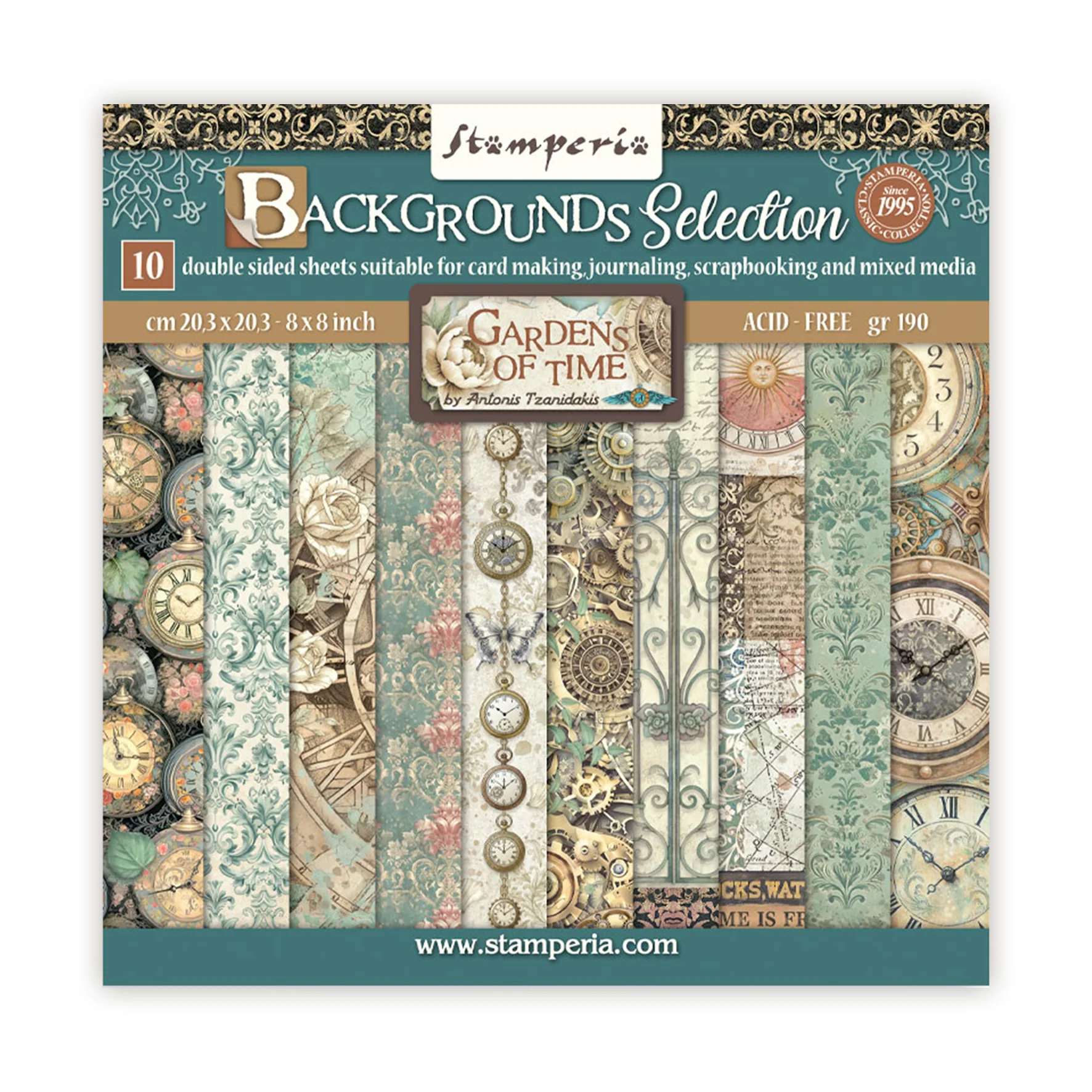 Stamperia Gardens of Time 8x8 Inch Paper Pack Maxi Background Selection (SBBS142)