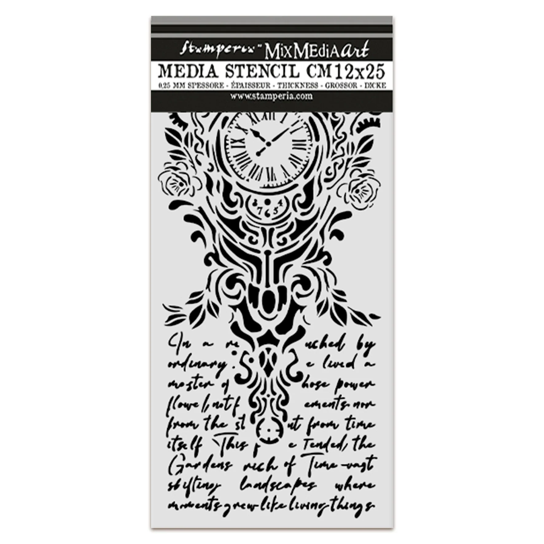 Stamperia Gardens of Time Thick Stencil 12x25cm Clock and Writing (KSTDL157)