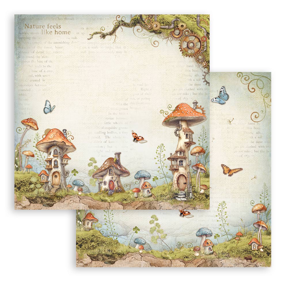 Stamperia Hidden Grove 12x12 Inch Paper Sheets Mushroom Houses (1pc)
