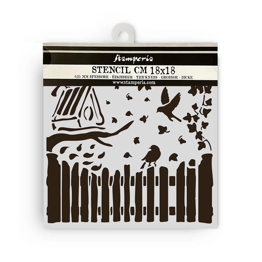 Stamperia House of Roses Thick stencil 18x18cm Fence and Birds