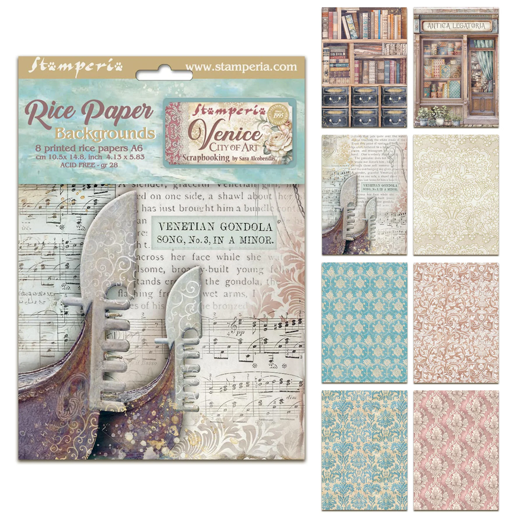 Stamperia Venice City of Art A6 Rice Paper Backgrounds (8pcs)