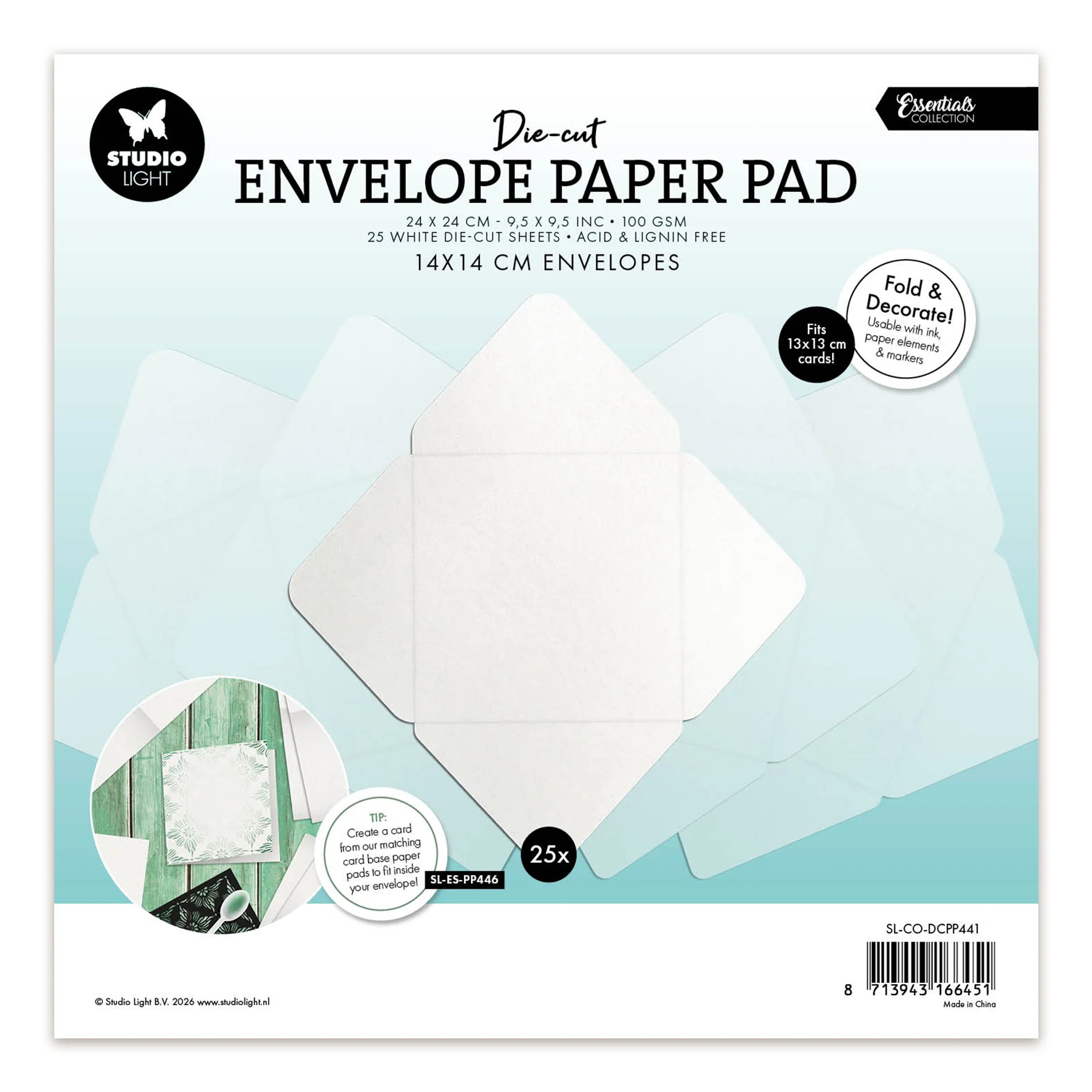Studio Light Die-cut Paper Pad 14x14 cm envelopes for 13x13 cm cards Essentials 240x240x7mm 25 Sheets - Image 2
