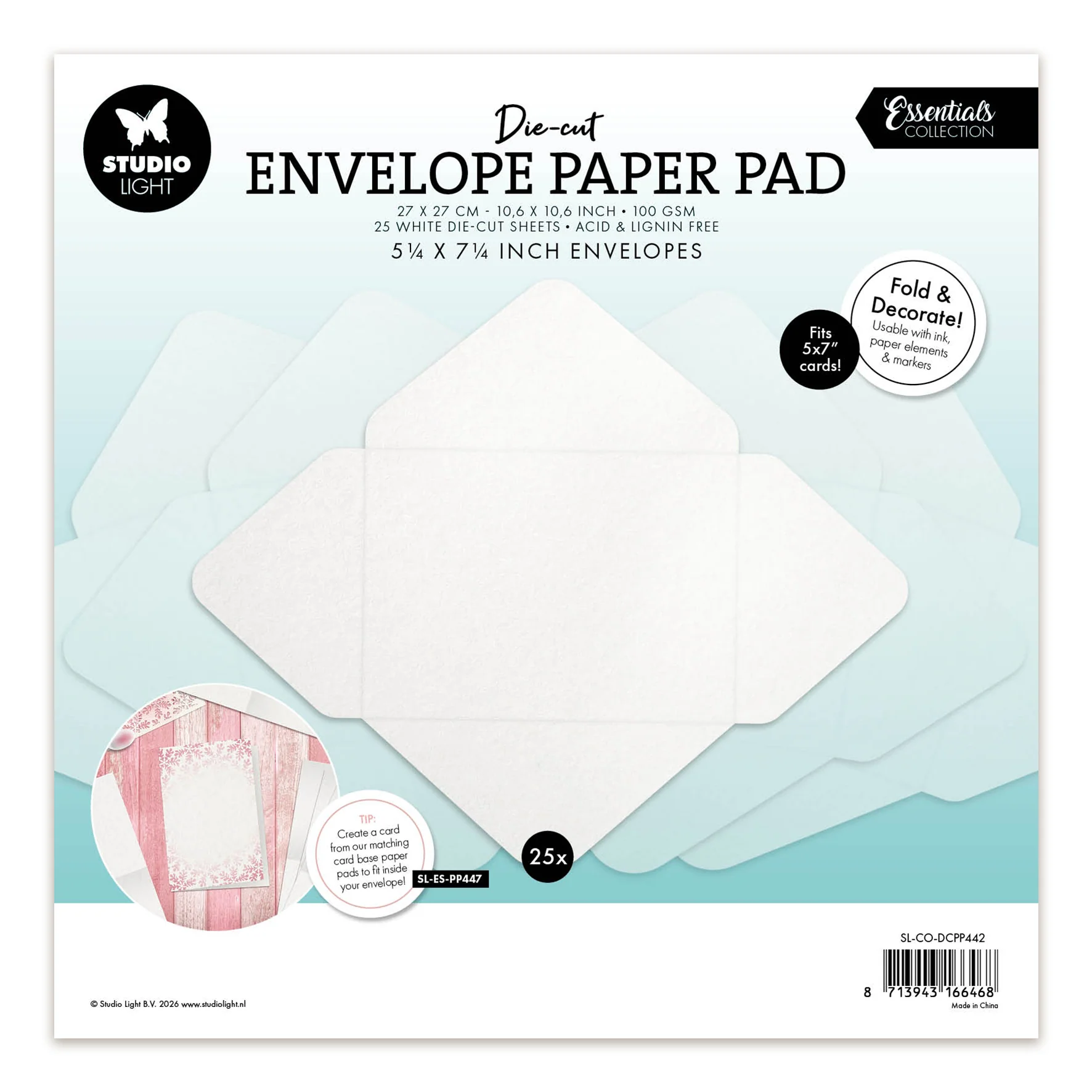 Studio Light Die-cut Paper Pad 5,25x7,25" envelopes for 5x7" cards Essentials 270x270x7mm 25 Sheets - Image 2
